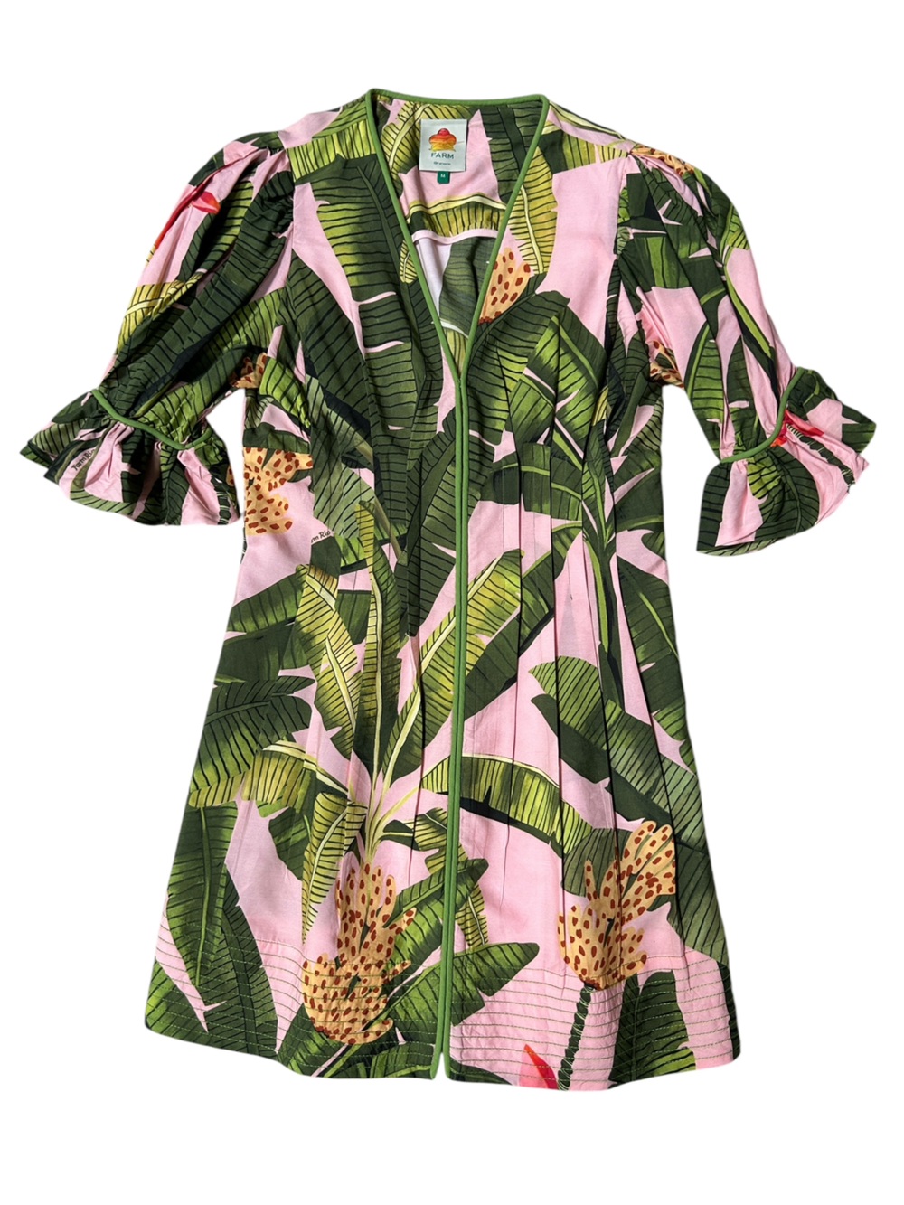FARM Rio Pink Tropical Banana Leaf Mini Dress Puff Sleeve V-Neck Size Medium - Picture 5 of 10